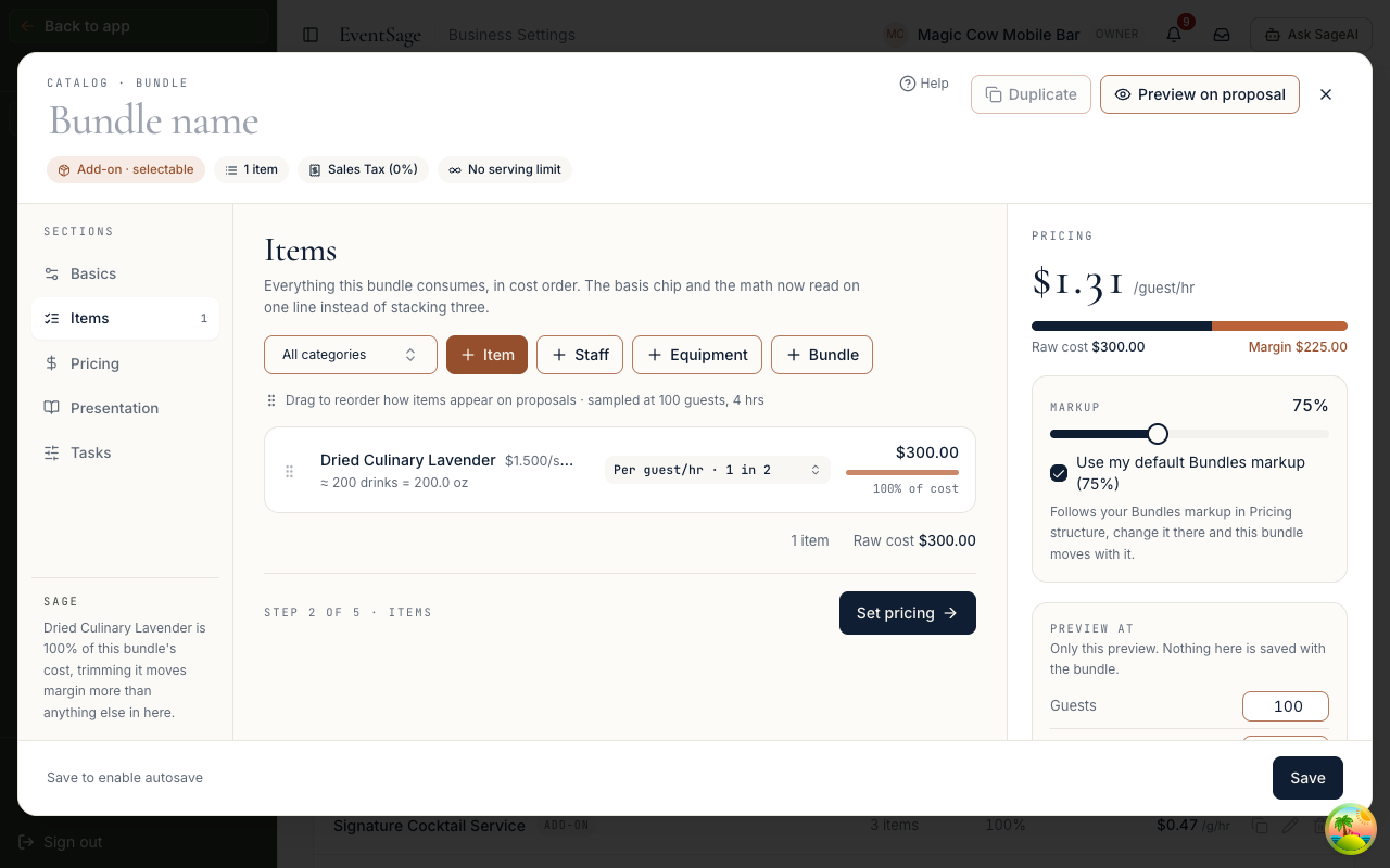 The bundle editor's cost panel with Raw cost, Buffer and Margin under the price.