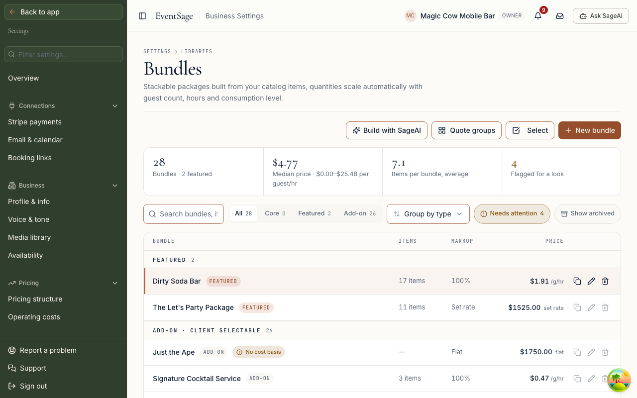 The Bundles list with its Core filter and the New bundle button.