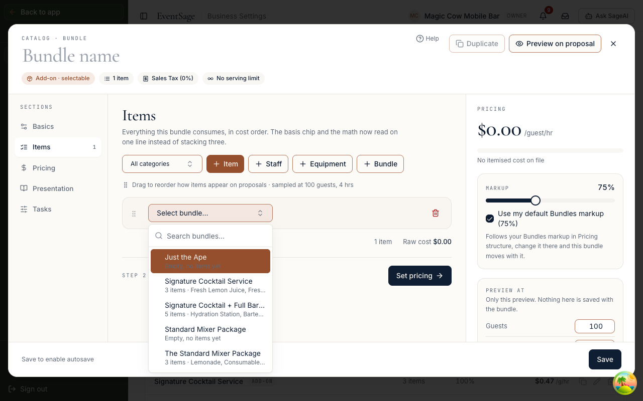 A new bundle with a nested bundle line added, showing the Select bundle list.