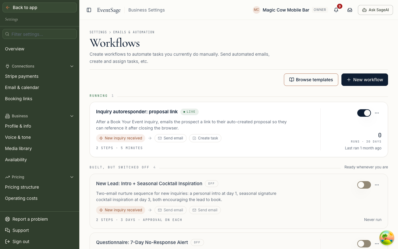The Workflows list with a switch on each automation and the New workflow button.